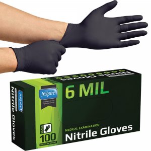Inspire Heavy Duty 6 Mil Nitrile Chemical Resistant Medical Cooking Cleaning Disposable Gloves (Black Nitrile Box Of 100, Small)