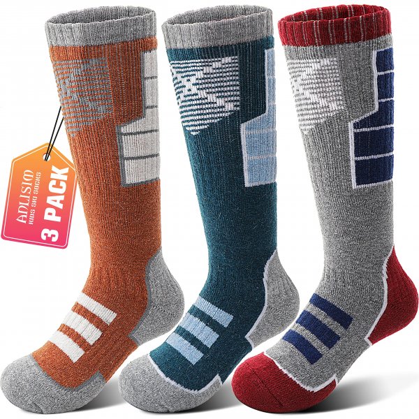 Anlisim Kids Merino Wool Ski Socks, 3 Pairs Girls Boys Thermal Winter Socks
