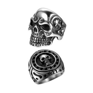 OIDEA 2Pcs Bikers Stainless Steel Gothic Skulls Ring,Black Silver, Size 11