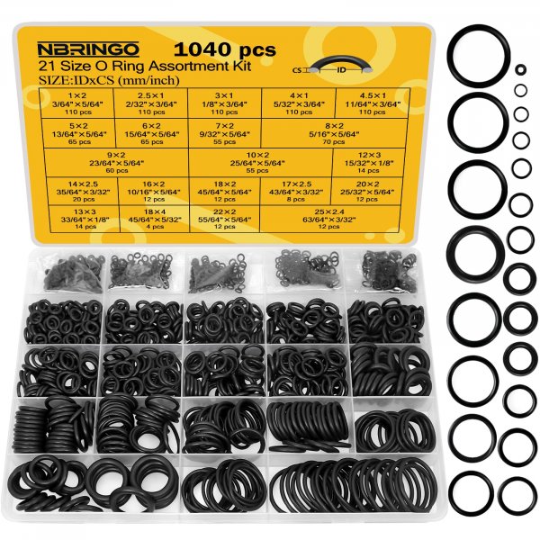 NBRINGO 1040 PCS 21 Size O Ring Assortment Kit, Industrial-Grade Nitrile Rubber O-Rings for Automotive Repairs, Kitchen Faucets, Pressure Washers and Assorted Plumbing - Durable & Oil Resistant