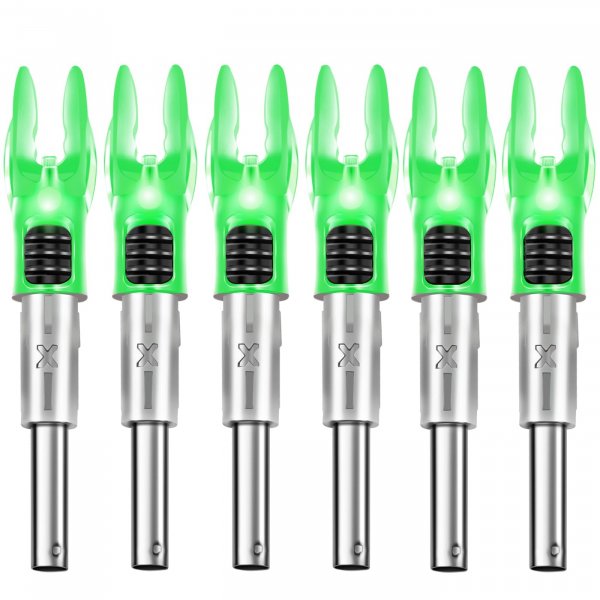 DEEPOWER X Lighted Nocks for Arrows .204”/.233”/.244”/.246” with ON/Off Switch 6-Pack with H, S, GT Bushings (Green-6Pack)