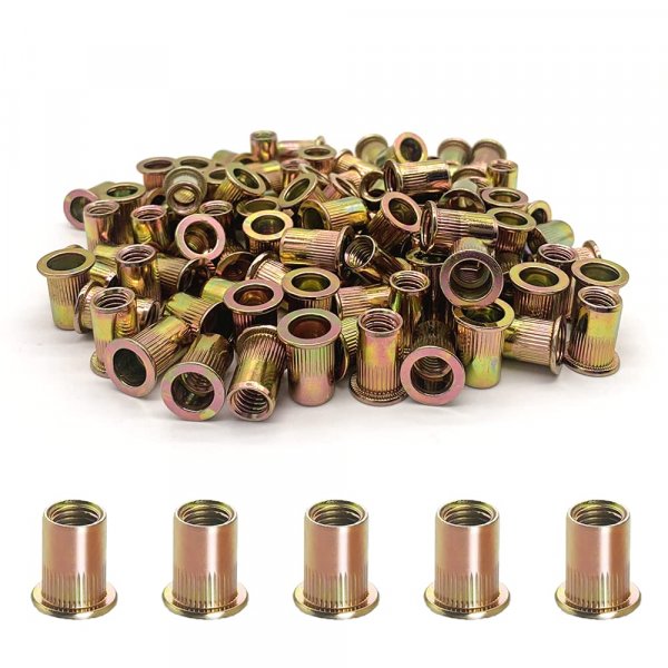 100PCS-Rivet Nuts,3/8"-16 Carbon Steel UNC Rivet Nut Assortment Kit, Flat Head Threaded Insert Nutserts Assort(3/8"-16)