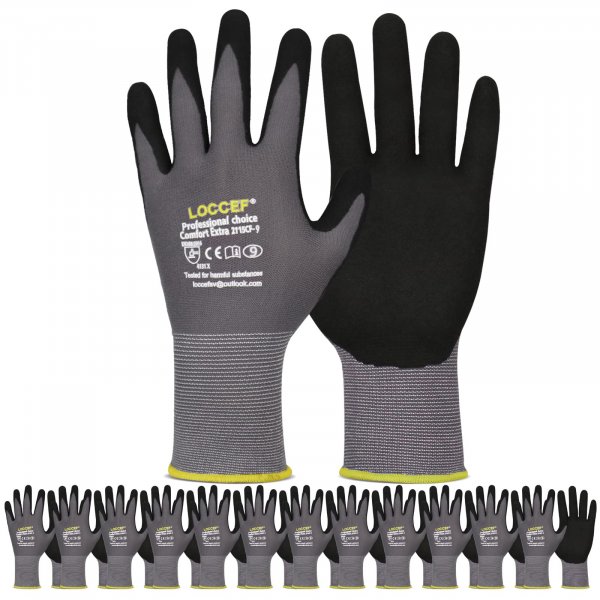 LOCCEF MicroFoam Nitrile Coated Safety Work Gloves (12 Pairs, 7/S)