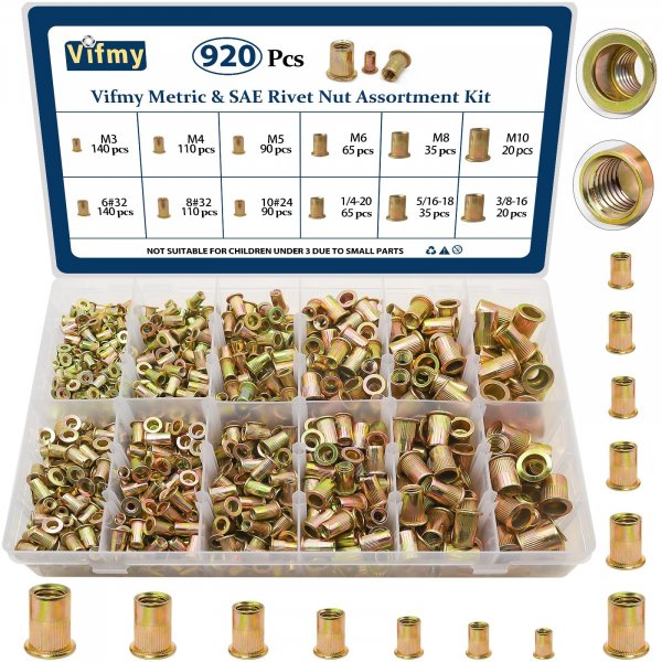 Vifmy SAE & Metric Rivet Nut Assortment Kit 920 Pcs,Zinc Plated Rivnut