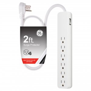 GE Pro 6-Outlet Surge Protector, 2 Ft Extension Cord, 620 Joules, Power Strip, Flat Plug, Integrated Circuit Breaker, Wall Mount, UL Listed, White, 40532