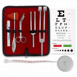 ASA TECHMED Premium 7 Piece Silver Diagnostic Kit - Taylor Hammer, Measuring Tape, Tuning Forks, Bandage Scissors, Pupil Gauge Penlight, Snellen Eye Chart (Silver)
