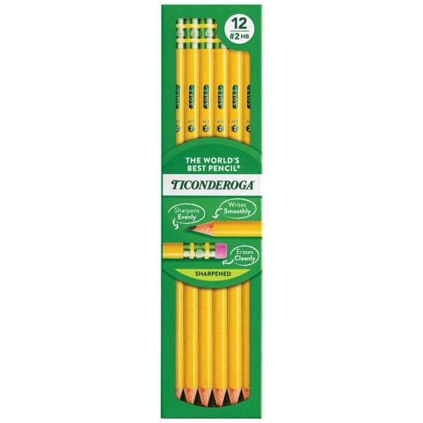 Ticonderoga Wood-Cased Pencils, Pre-Sharpened, 2 HB Soft, Yellow, 12 Count