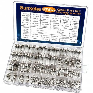 Sunxeke 24 Values 275Pcs Fast Blow Glass Fuses Assortment Kit 250V 6x30mm 5x20mm 0.5A 1A 2A 3A 5A 6A 8A 10A 15A 20A 125V 5x20mm 3.6X10mm 1A 2.5A 3A 5A 7A 8A