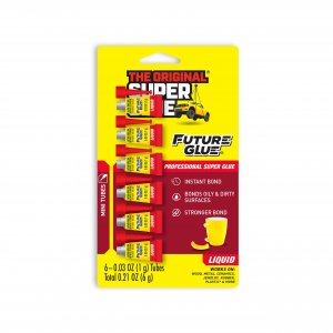 Super Glue Future Glue Liquid 6 Mini Single Use Tubes, Clear, Instant Bonding, Fast Dry, Professional Cyanoacrylate Adhesive, Great for Wood, Metal, Plastic, Crafts, Ceramic, and Toy Repairs