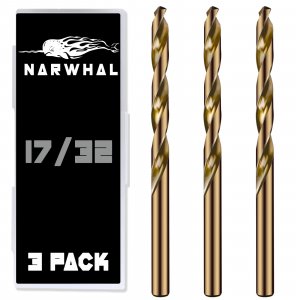 Narwhal 17/32 Inch Cobalt Drill Bits (3 Pack - Industrial Grade M35 Cobalt) 1/2" Shank & 6" Length & 135 Degree Split Point for Drilling Into Metal, Hardened & Stainless Steel, Cast Iron, & More!