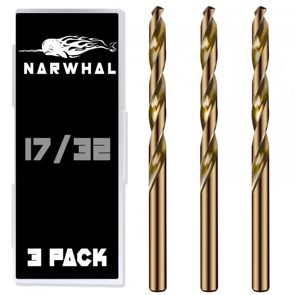Narwhal 17/32 Inch Cobalt Drill Bits (3 Pack - Industrial Grade M35 Cobalt) 1/2" Shank & 6" Length & 135 Degree Split Point for Drilling Into Metal, Hardened & Stainless Steel, Cast Iron, & More!
