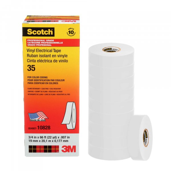 3M Scotch Electrical Tape 35, 3/4 in x 66 ft, 10 Rolls, White