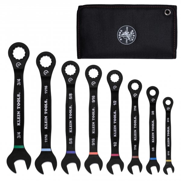 KLEIN TOOLS 69408G Ratcheting Combination Wrench Set, SAE, 8-Piece, 5/16 to 3/4-Inch, Steel Alloy, Foam Pouch, 90-Tooth