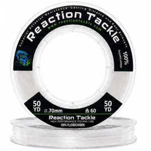 Reaction Tackle 100% Pure Fluorocarbon Fishing Line - High Strength, Abrasion-Resistant, Fast-Sinking, Virtually Invisible - Saltwater and Freshwater Leader Line - Clear - 25LB 50 Yards