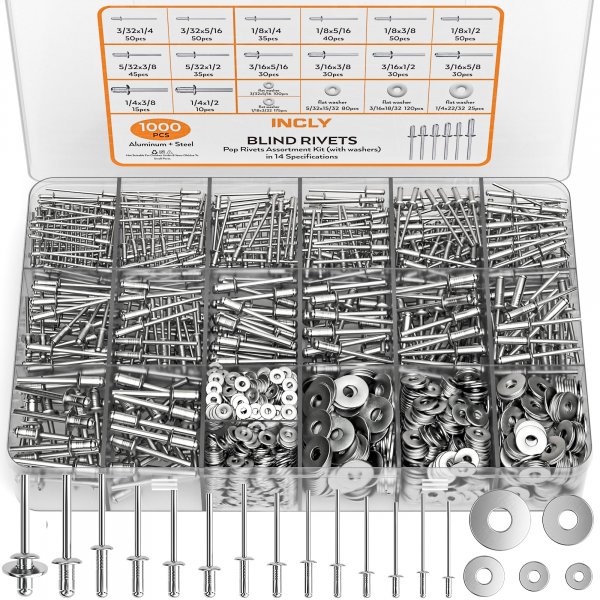 INCLY 1000PCS Aluminum Pop Rivets Assortment Kit with Washers
