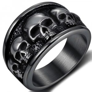 Retro Vintage Stainless Steel Gothic Death Skull Skeleton Cocktail Party Biker Statement Halloween Ring (Black, 8)