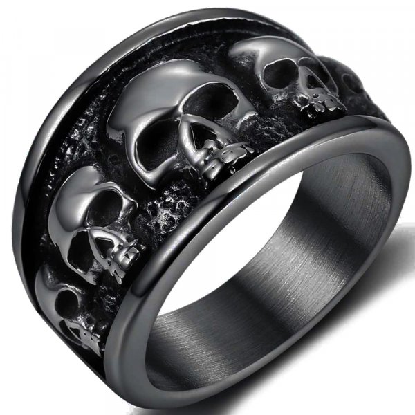 Retro Vintage Stainless Steel Gothic Death Skull Skeleton Cocktail Party Biker Statement Halloween Ring (Black, 8)