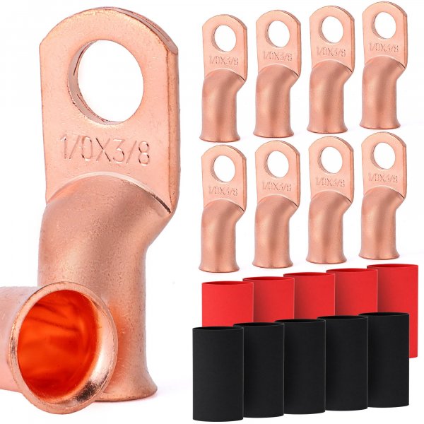 TKDMR 10pcs 1/0 AWG-3/8 Battery Lugs,Heavy Duty Wire Lugs,Ring Terminals,Battery Cable Ends,0 Guage terminals,Battery Terminal Connectors with 10pcs 4:1 Heat Shrink Tubing