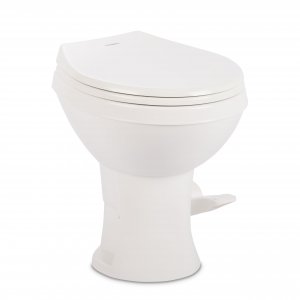 Dometic Model 400 Essential RV Toilet – Round Lightweight Plastic Bowl, Universal Fit & 2-Bolt Mount, 18" Chair Height Residential Style, Gravity Flush Toilet with Soft-Close Seat, White (9610008275)