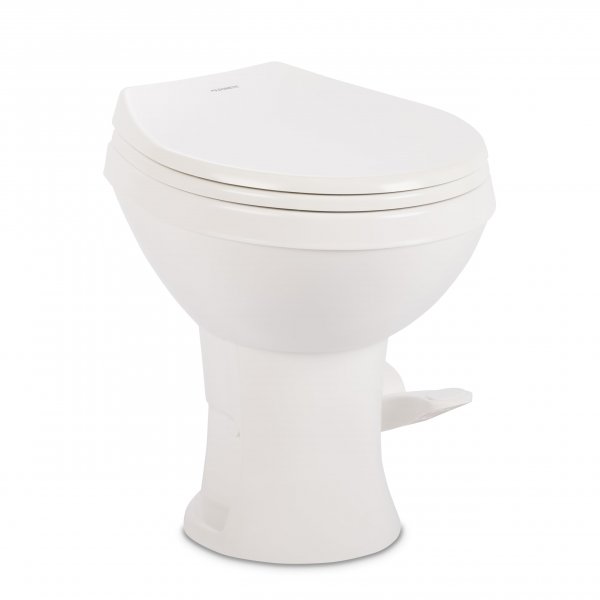 Dometic Model 400 Essential RV Toilet – Round Lightweight Plastic Bowl, Universal Fit & 2-Bolt Mount, 18" Chair Height Residential Style, Gravity Flush Toilet with Soft-Close Seat, White (9610008275)