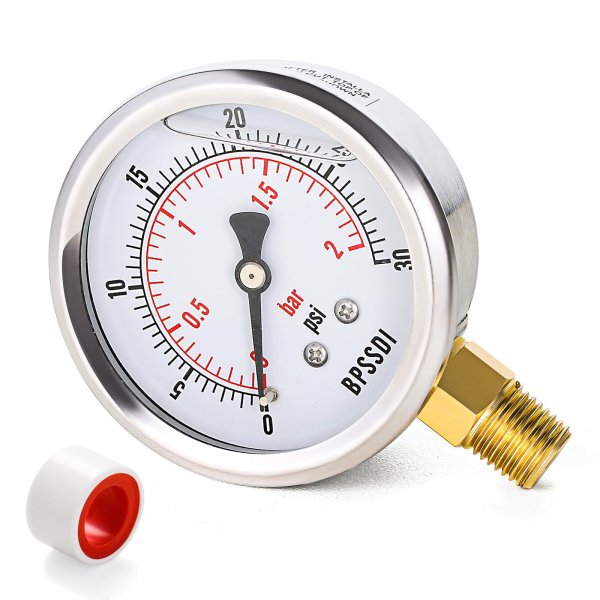 BPSSDI 0-30 Psi Glycerin Liquid Filled Low Pressure Gauge, 2.5" Dial Size, 1/4" NPT Lower Mount, 304 Stainless Steel Case, for Water Pipe, HVAC, Water Oil Air Pressure Test