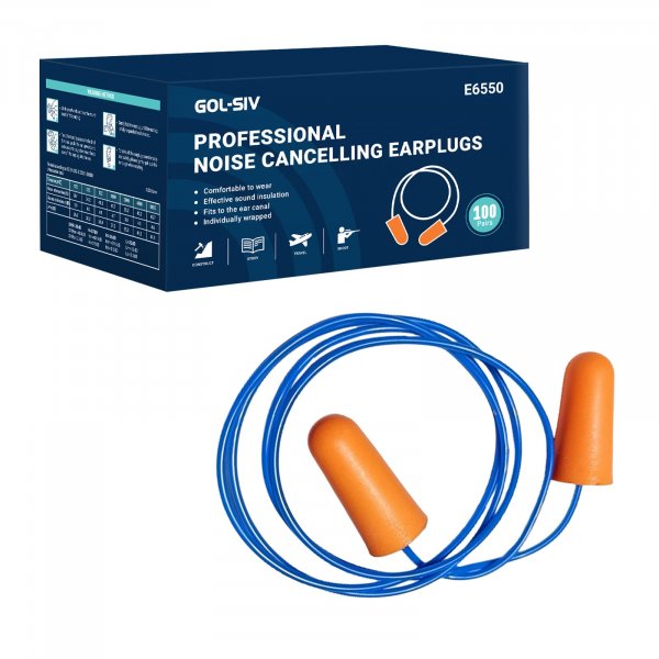 GOL-SIV NRR 33dB Foam Ear Plugs with Cord,100 Pairs/Box，for Sleeping