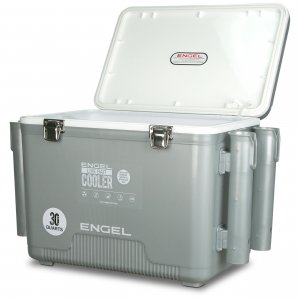 ENGEL 30 Quart Live Bait Cooler PRO for Fishing - Portable Minnow and Bait Bucket with Lithium-Ion Rechargeable Aerator with 4 Rod Holders - Silver (30QT)