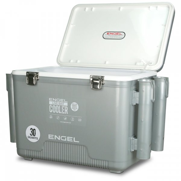 ENGEL 30 Quart Live Bait Cooler PRO for Fishing - Portable Minnow and Bait Bucket with Lithium-Ion Rechargeable Aerator with 4 Rod Holders - Silver (30QT)