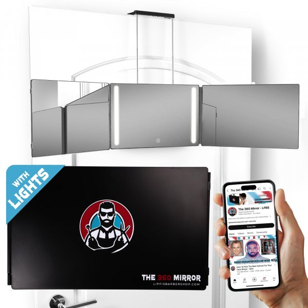 360 Mirror LED Lights Barber 3 Way Hanging Mirror Self Hair Cutting System