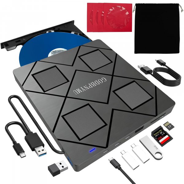 GODBPNYMU 8-in-1 External Blu-ray Drive, USB-C Hub & Card Reader for Laptop