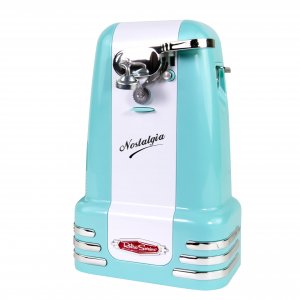 Nostalgia Retro Electric Can Opener for Kitchen with Magnetic Lid Remover, Knife Sharpener, and Soda or Beer Bottle Opener, Aqua