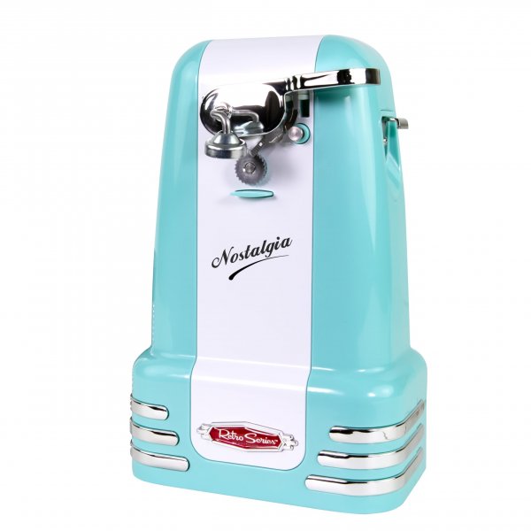 Nostalgia Retro Electric Can Opener for Kitchen with Magnetic Lid Remover, Knife Sharpener, and Soda or Beer Bottle Opener, Aqua