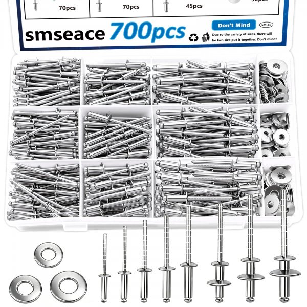 smseace 700Pcs 304 Stainless Steel Pop Rivets with Washer Assortment Kit 8-Sizes Stainless Rivets(1/8Inch 5/32Inch 3/16Inch) for Metal,Furniture,Automotive,Instruments