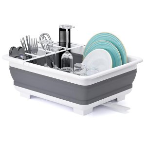 THANSTAR Collapsible Dish Drying Rack Portable Dinnerware Drainer Organizer for Kitchen RV Campers Travel Trailer Space Saving Kitchen Storage Tray