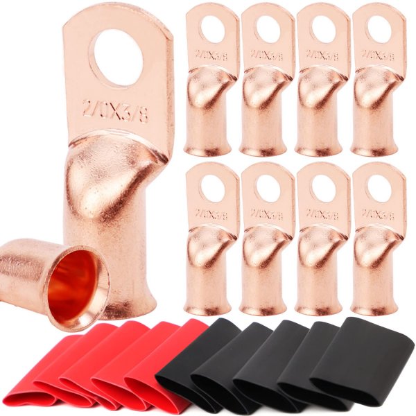 TKDMR 10 PCS 2/0 AWG - 3/8 Battery Cable Lugs Copper Wire Ring Terminals