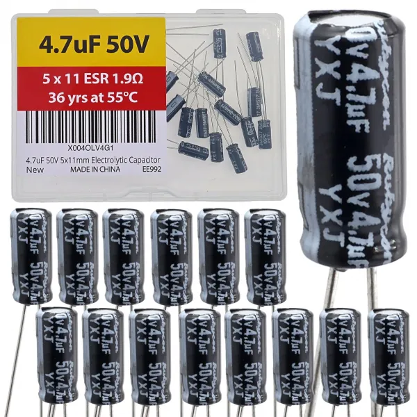 4.7uF 50V 5x11mm Rubycon Electrolytic Capacitor Low ESR 1.9Ω Long Life 36yrs at 55 Degree C mfd mircofarad Micro Farad Radial Lead Aluminum Capacitors (Pack of 15)