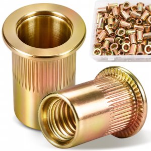 DFDU 188Pcs 1/4"-20 Rivet Nut Kit Zinc Plated Carbon Steel Rivnut Flat Head Knurled Rivet Nuts Threaded Insert Nutsert 1/4 RIV Nut for Metal Automotive DIY