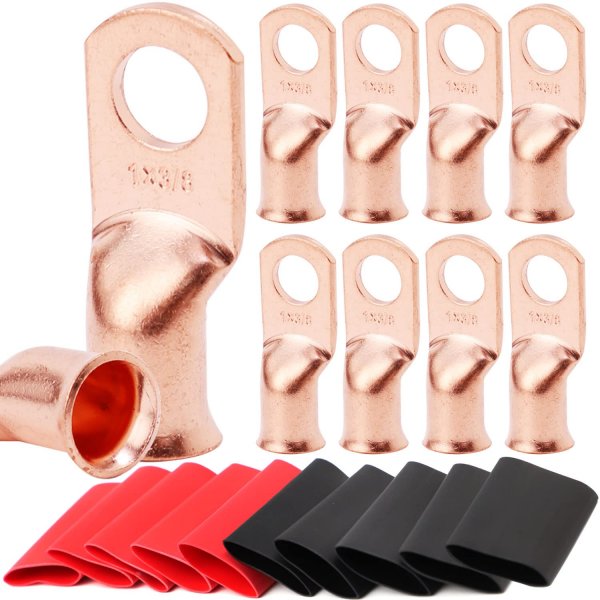 10pcs 1 AWG-3/8 Battery Lugs,Copper Wire Lugs,UL Listed Heavy Duty Battery Cable Ends,Tubular Ring Terminals,AWG Crimp Wire Ring Lugs,Battery Terminal Connectors with 3:1 Heat Shrink Tubing