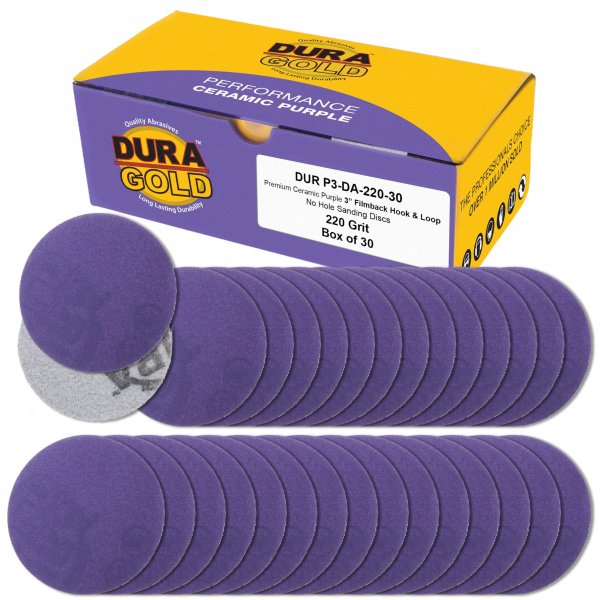 Dura-Gold Premium 220 Grit 3" Purple Film Ceramic Sanding Discs, Box of 30