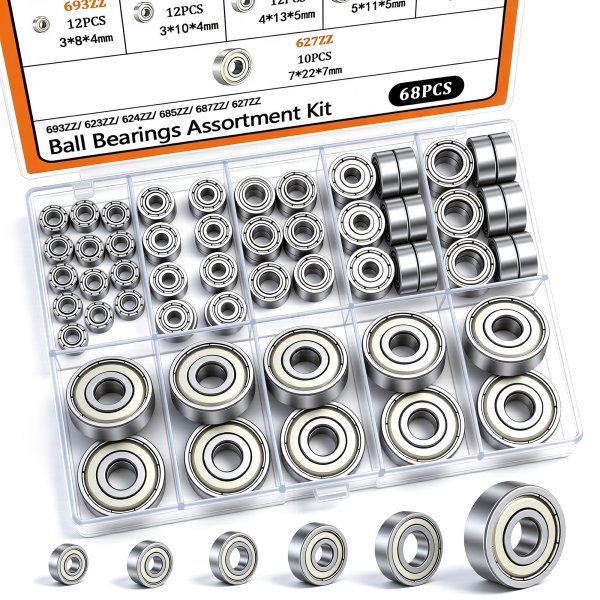 Dianrui 68 PCS 693ZZ/ 623ZZ/ 624ZZ/ 685ZZ/ 687ZZ/ 627ZZ Ball Bearings Assortment Kit, Small Bearings Carbon Steel Deep Groove Bearing, for Furniture Wheel, Roller Skates, 3D Printing and ect —6 Size