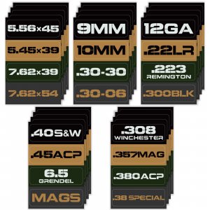 Aolamegs Ammo Can Vinyl Sticker Set, Caliber Decal Labels for Ammo Cans .22 .223 .308 9MM .380 .45 5.56 7.62 12GA 300BLK (80 Pack/20 Varieties)