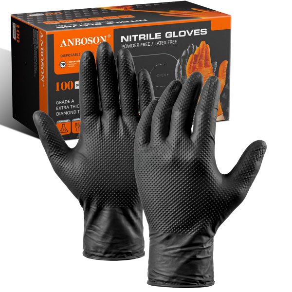 ANBOSON 10 Mil Heavy Duty Mechanic Nitrile Gloves, Large Black 100 Count