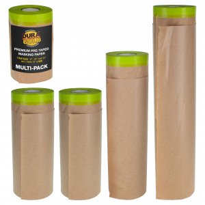 Dura-Gold Pre-Taped Masking Paper for Painting (Variety Pack 6", 12", 18", 24" x 50' Rolls) Tape and Drape Painters Paper, Protective Covering, Overspray Barrier, Home Renovation, Walls Furniture Cars