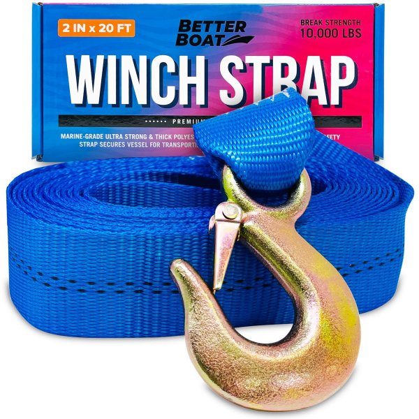 Boat Trailer Winch Strap with Hook, Heavy Duty Replacement for Hand Crank Trailer, 2 Inch x 20 Feet, 10,000 Lbs Capacity, Towing and Bow Boat Strap