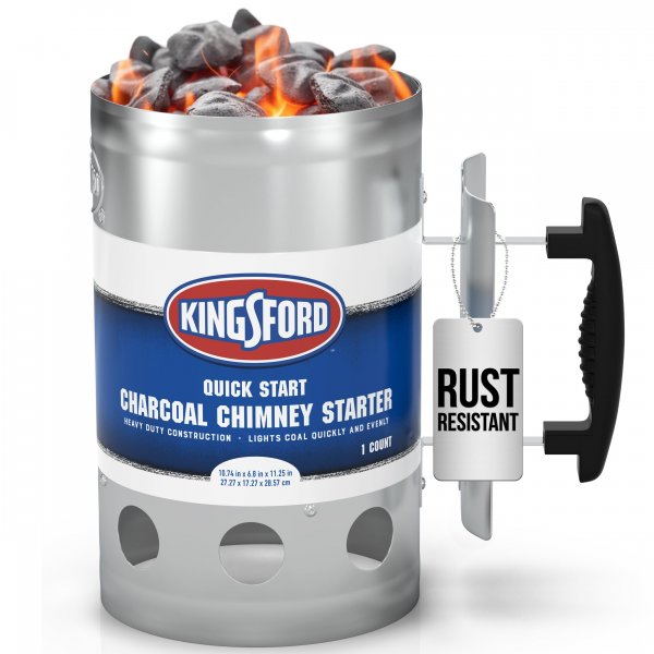 Kingsford Heavy Duty Deluxe Charcoal Chimney Starter Large Capacity Zinc Steel BBQ Fire Starter with Heat Shield and Stay-Cool Handle Vented Base Air Vents for Fast Even Lighting Single Unit