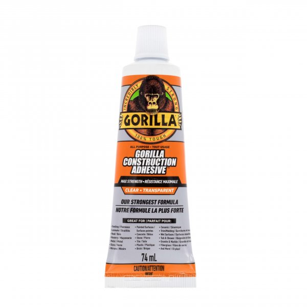 Gorilla Max Strength Construction Adhesive, 2.5 oz (Pack of 1), Clear, Waterproof for Quick Fixes Touch Ups, Bonds Wood Metal Glass Tile Stone Drywall, Indoor Outdoor Gap-Filling Paintable