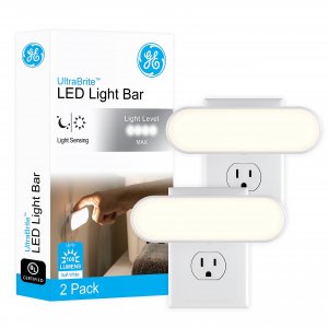 GE Ultrabrite Plug in LED Night Light Bar with On/Off/Auto Switch, 100 Lumen Soft White Lighting for Hallways and Bedrooms, 2-Pack, 46707-P1