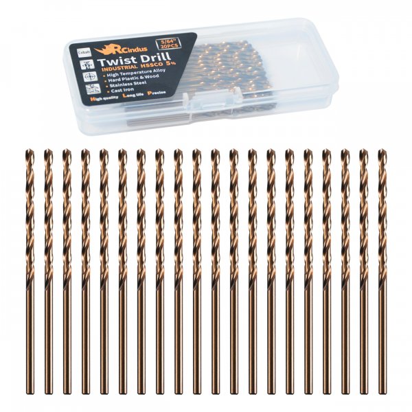 RCINDUS (20PCS) 5/64" Cobalt Drill Bit, HSS M35 Metal Drill Bits for Steel, Stainless Steel, Cast Iron, Hard Plastic and Wood