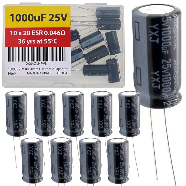 1000uF 25V 10x20mm Rubycon Electrolytic Capacitor Low ESR 0.046Ω Long Life 36yrs at 55 Degree C mfd mircofarad Micro Farad Radial Lead Aluminum Capacitors (Pack of 10)