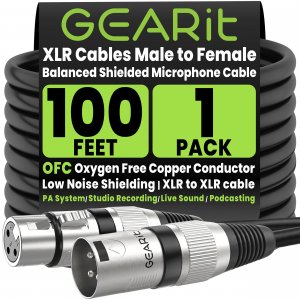 GEARit XLR Cables 100ft OFC, Microphone Cable XLR Male to Female, XLR Cable Low Noise Shielding, Copper Conductors for Recording Studio, Podcast, Stage Audio & Live Sound (Black)